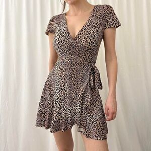 H&M cheetah animal leopard print ruffle wrap side tie mini dress 0 euro summer